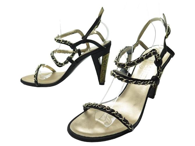 CHANEL SHOES GOLD CHAIN & STRASS PUMPS25750 38.5 SHOES PUMPS Black Leather  ref.1129723