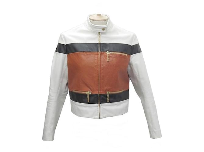 VESTE KENZO BLOUSON DE MOTARD 36 IT 38 FR EN CUIR AUTRUCHE TRICOLORE VEST  ref.1129763