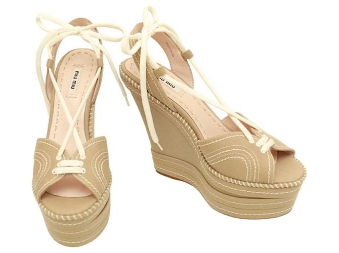 Miu Miu Beige Canvas High Wedge Heel Platform Sandals Shoes size 39.5 Cotton  ref.1129996