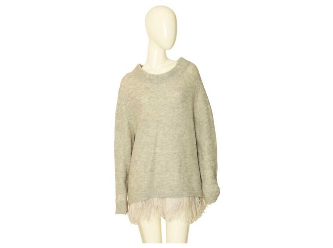 Riani Grauer Wollstrick m. Pullover mit Straußenfedern. Top-Größe 44 EUR
