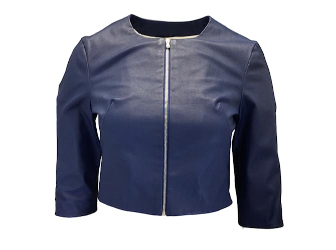 Autre Marque Susan Bender Blue Cropped Collarless Full Zip Leather Jacket  ref.1130515