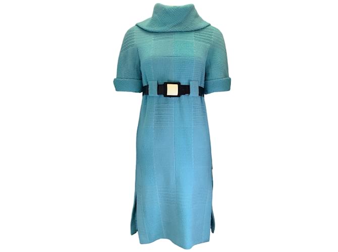 Chanel Teal Short Sleeved Belted Wool Tweed Dress Blue  ref.1130523