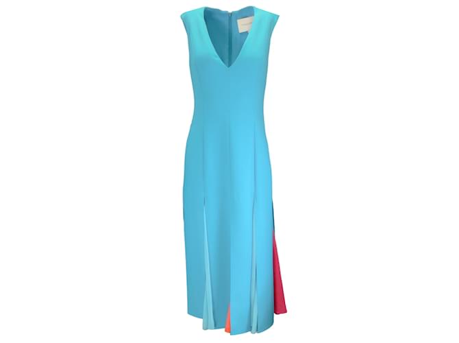 Carolina Herrera Turquoise Multi Sleeveless V-Neck Crepe Midi Dress Blue Polyester  ref.1130527
