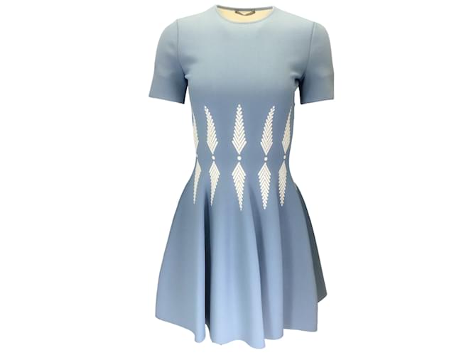 Autre Marque Alexander McQueen Light Blue / White Short Sleeved Flared Intarsia Knit Dress Viscose  ref.1130542