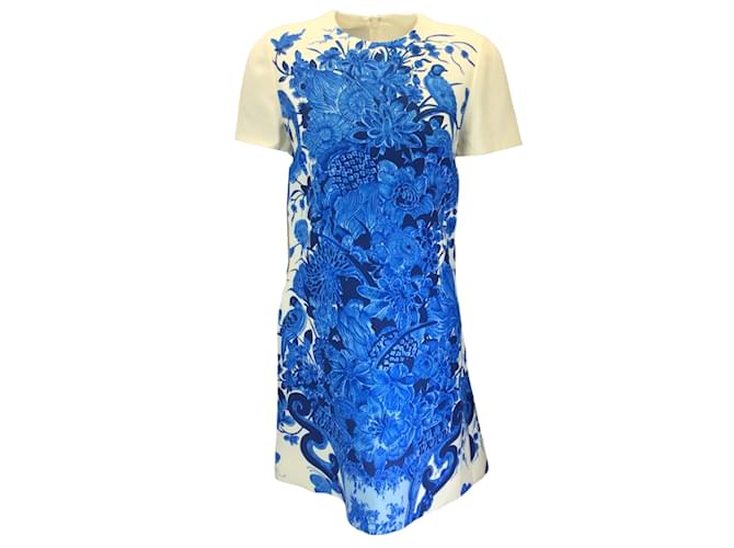 Autre Marque Valentino Ivory / Blue 2020 Floral Printed Short Sleeved Wool and Silk Crepe Dress  ref.1130546