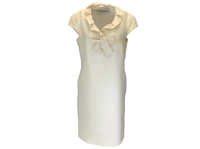 Autre Marque Valentino Ivory Bow Detail Short Sleeved Shimmer Silk Dress Cream  ref.1130548