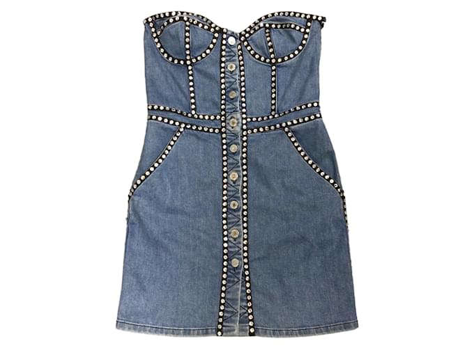 Autre Marque Moschino Couture Bleu 2020 Mini-robe en jean sans bretelles ornée de cristaux Coton  ref.1130605