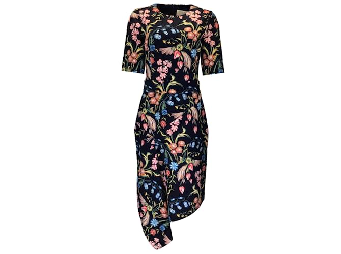 Autre Marque Peter Pilotto Navy Blue Multi Floral Printed Belted Crepe Midi Dress Multiple colors Polyester  ref.1130618