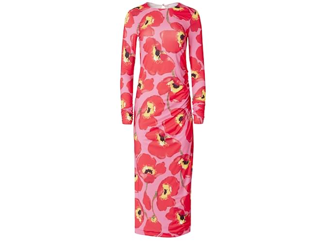 Autre Marque Carolina Herrera Poppy Multi Long Sleeved Crewneck Ruched Wrap Dress Multiple colors Polyester  ref.1130623