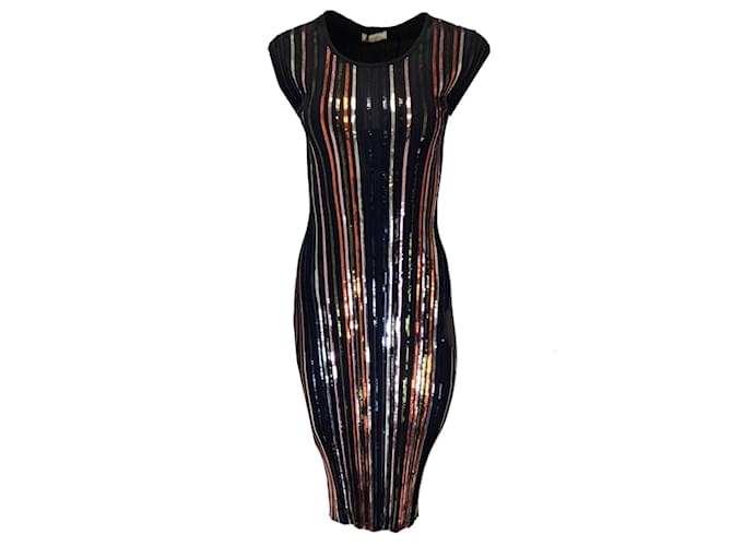 Autre Marque Nina Ricci Navy Blue Multi Sequined Fitted Ribbed Knit Dress Multiple colors Viscose  ref.1130628