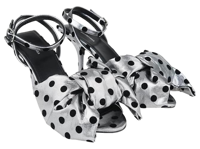 Balenciaga Silver Polka Dot Knife Bow Ankle Strap Sandals Silvery Leather  ref.1130640
