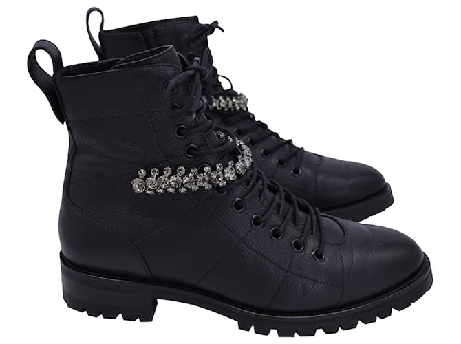 Jimmy Choo Cruz Combat Boots with Crystals in Black Leather  ref.1130799