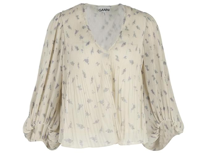 Ganni Blusa de georgette plisada con mangas abullonadas y estampado floral de poliéster Blanco Crudo  ref.1131210