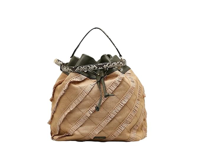 Jimmy Choo – Gesteppte Raffia Juno Bucket Bag – Handtasche aus Naturmaterial in gutem Zustand Braun  ref.1131256