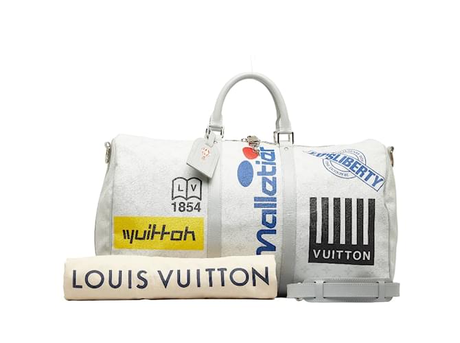 Louis Vuitton Monogramme Logo Histoire Keepall 50 Sac de voyage Bandoulière en toile M44643 In excellent condition Blanc  ref.1131281