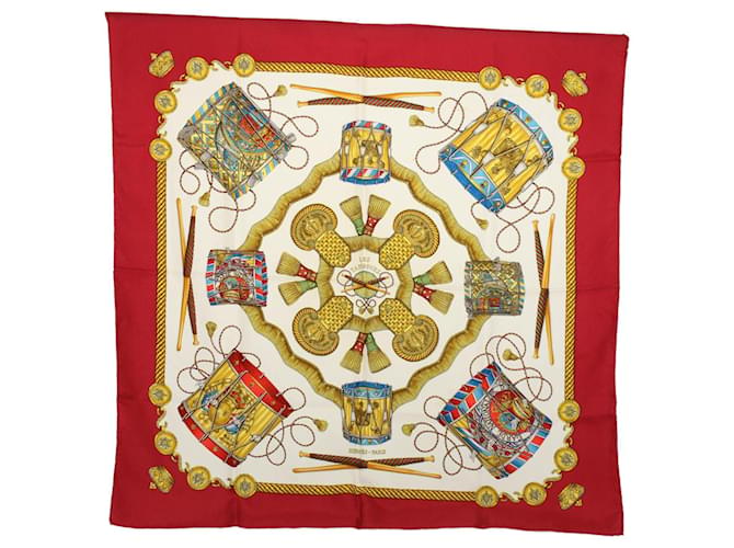 Hermès HERMES CARRE 90 LES TAMBOURS Scarf Silk Red Auth 59263  ref.1131705