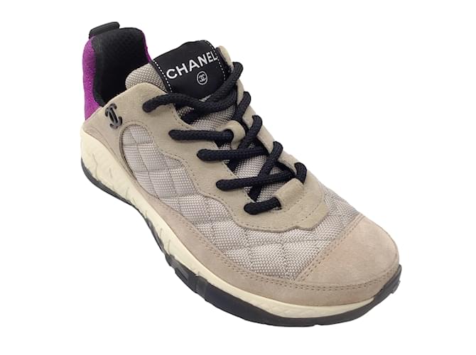 Autre Marque Chanel Taupe / purple / Black CC Logo Suede Leather Trimmed Quilted Low-Top Sneakers Multiple colors  ref.1131991