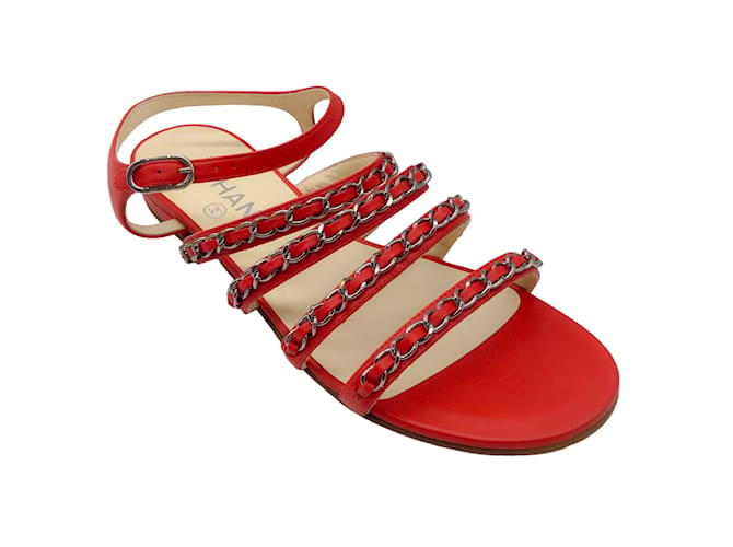 Autre Marque Chanel red / Silver Chain Detail Lambskin Leather Sandals  ref.1131997