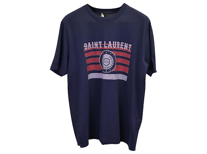 Saint Laurent Logo & Flag Print T-Shirt in Navy Blue Cotton