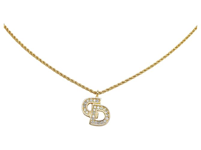 Dior Gold Logo Rhinestone Pendant Necklace Golden Metal Gold-plated  ref.1132278