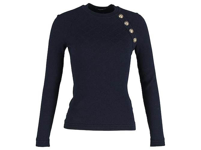 Balmain Button-Detail Sweater in Navy Blue Cotton  ref.1132309