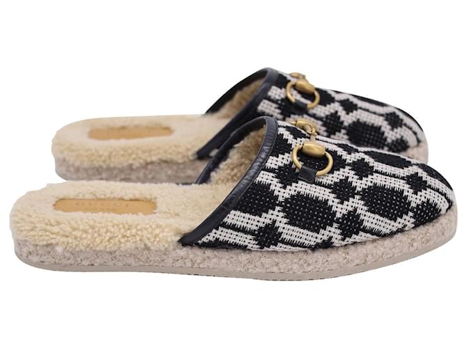 Gucci Fria Shearling Horsebit-Detailed Printed Slippers in Black Canvas Cloth  ref.1132313