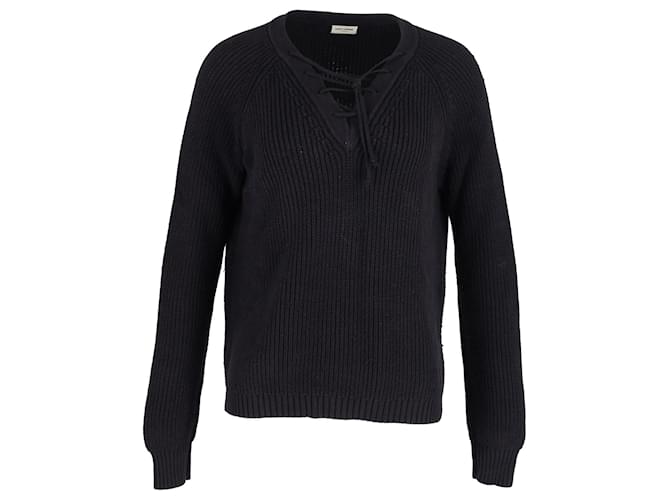 Saint Laurent Rib-Knit Lace-Up Sweater in Black Cotton Wool  ref.1132330
