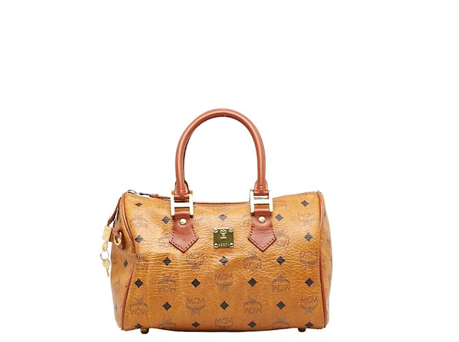 MCM Bolsa Visetos Mini Boston Marrom Lona  ref.1132356