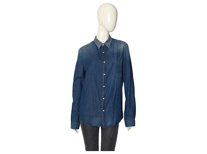Golden Goose Blue Denim Floral Collar Snap Button Down Distressed Look Shirt - M Cotton  ref.1132411