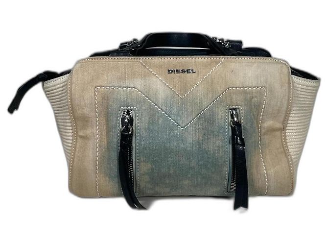 Bolsa Diesel em jeans e couro com efeito manchado Bege Azul claro