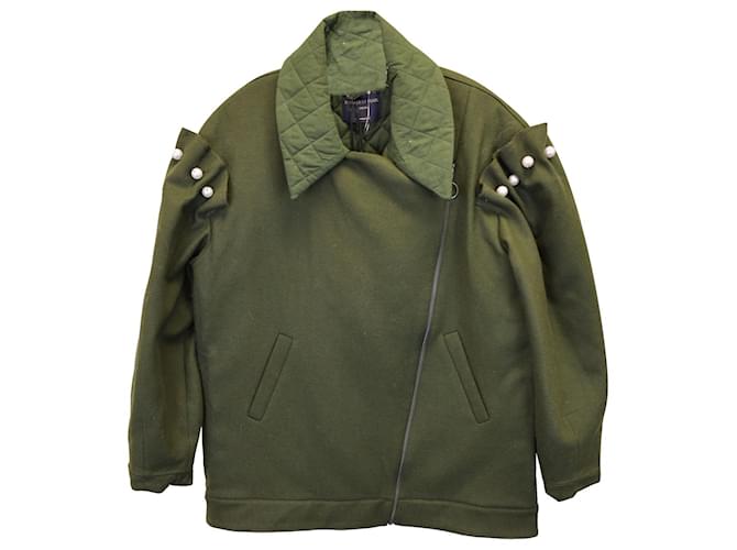 Autre Marque Mother of Pearl Talia Faux Pearl-Embellished Quilted Coat In Green Cotton Olive green  ref.1132882