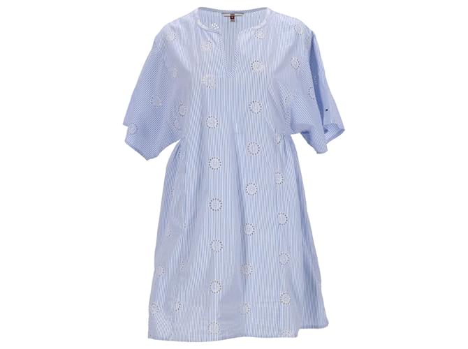 Tommy Hilfiger Womens Stripe Floral Embroidery Kaftan Dress in Light Blue Cotton  ref.1132897