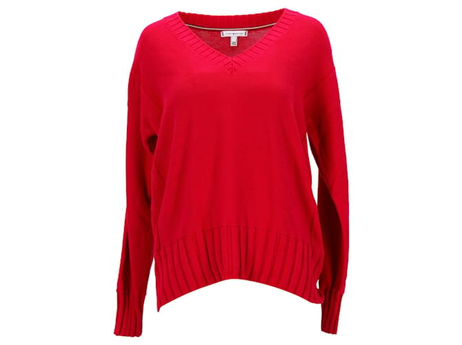 Maglione da donna in maglia a costine con scollo a V Tommy Hilfiger in cotone rosa  ref.1132910