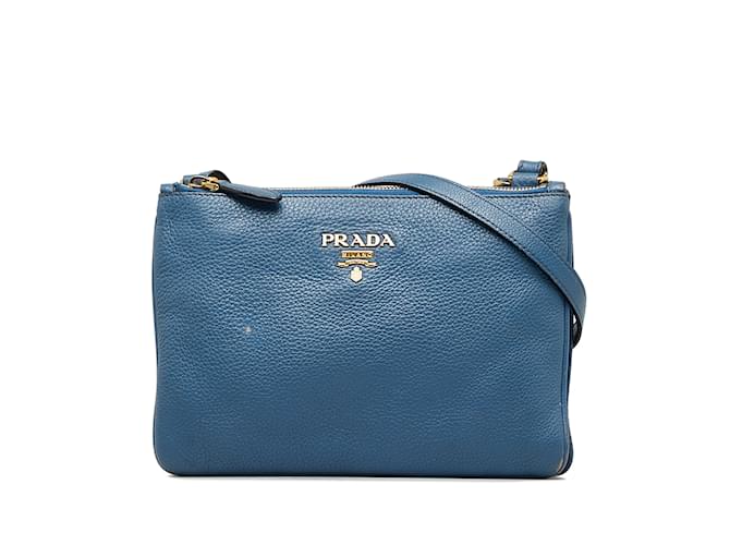 Blue Prada Vitello Phenix Double Zip Crossbody Leather  ref.1133685
