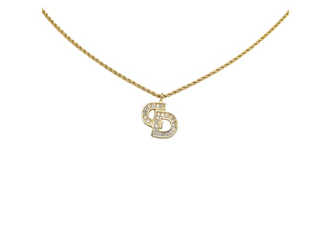 Gold Dior Logo Rhinestone Pendant Necklace Golden  ref.1133730