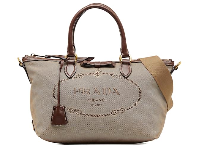 Brown Prada Canapa Logo Jacquard Satchel Leather  ref.1133842