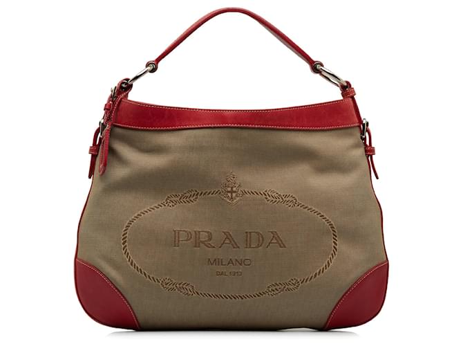 Brown Prada Canapa Logo Jacquard Hobo Bag Leather  ref.1134015