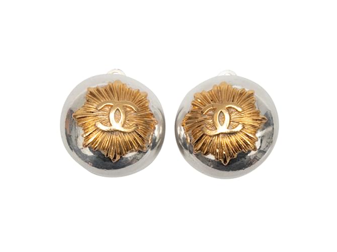 Vintage Silver-Tone & Gold-Tone Chanel Spring 1997 Logo Clip-On Earrings Silvery  ref.1134022