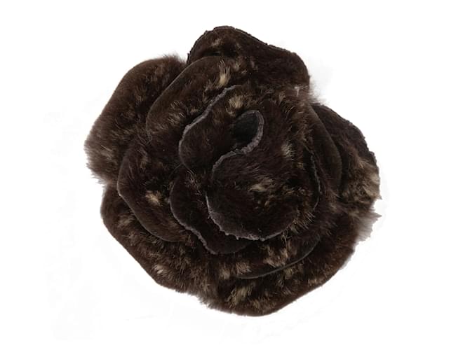 Brown Chanel Rabbit Fur Camellia Lapel Pin  ref.1134032