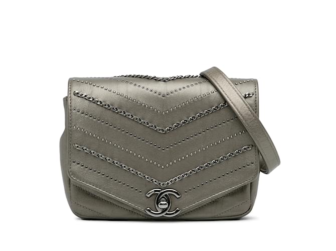 Gray Chanel Mini Embellished Calfskin Chevron Square Envelop Flap Crossbody Bag Leather  ref.1134054