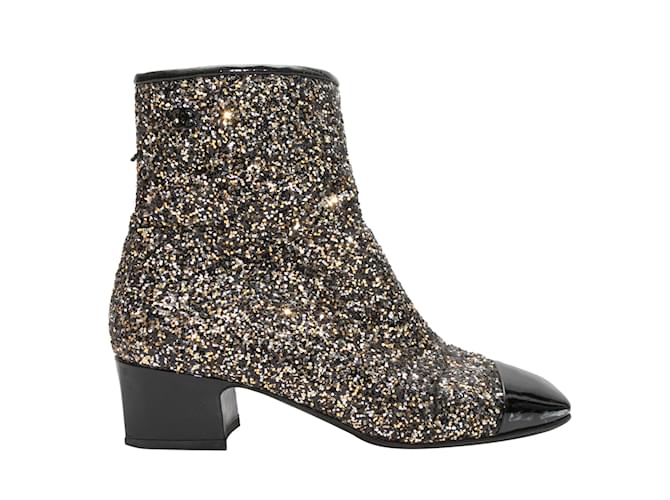 Black & Gold Chanel Glitter Cap-Toe Ankle Boots Size 37  ref.1134104