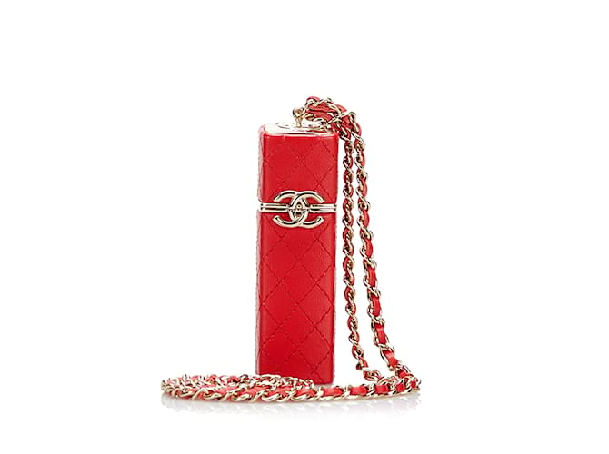 Red Chanel CC Lambskin Squared Lipstick Case on Chain Leather  ref.1134199