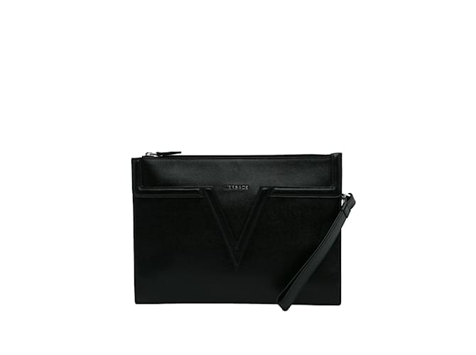 Clutch preta de couro com logotipo Versace V Preto  ref.1134355