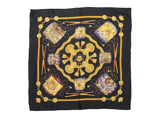 Hermès Bufanda de seda estampada Hermes Les Tambours negra y multicolor Negro  ref.1134615