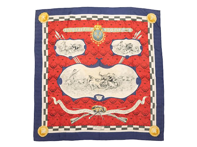 Hermès Bufanda de seda con estampado Hermes Louveterie Royale roja y multicolor  ref.1134632