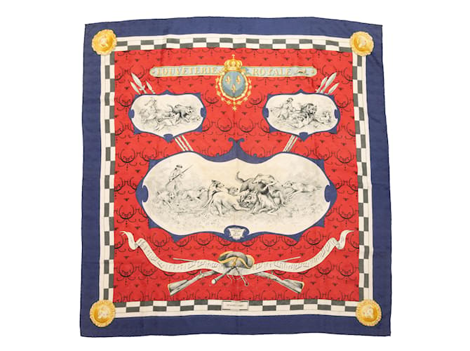 Hermès Red & Multicolor Hermes Louveterie Royale Print Silk Scarf  ref.1134632