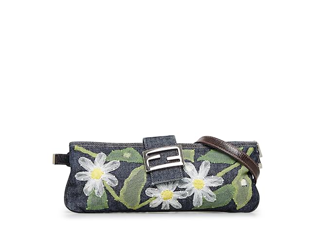 Green Fendi Embroidered Denim Baguette Crossbody Bag Leather  ref.1134984