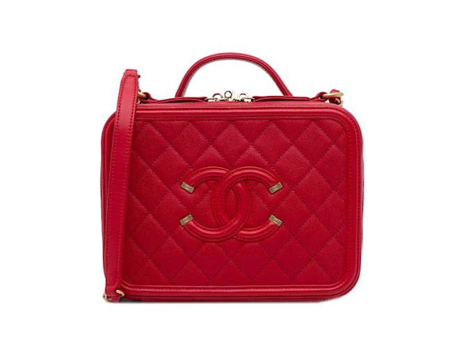Vanity Bolsa pequena Chanel Caviar CC em filigrana vermelha Vermelho Couro  ref.1135159