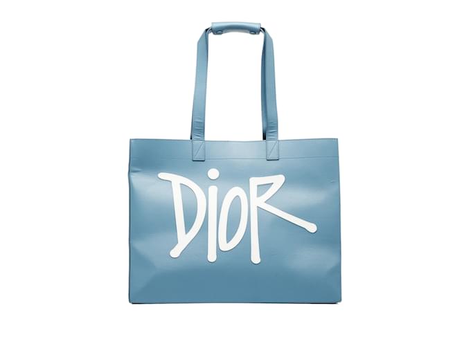 Bolso tote azul con aplicación de logo grande Dior x Stussy Cuero  ref.1135268