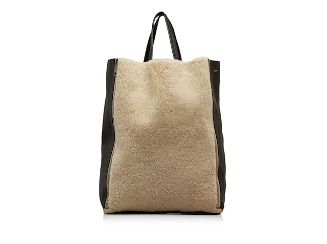 Céline Brown Celine Shearling Gusset Vertical Cabas Tote Bag Leather  ref.1135283